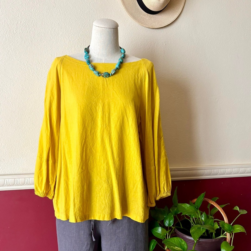 LOFT Petite Linen Blend Boat Neck Top L 3/4 Puff Sleeve Bohemian Mustard Yellow